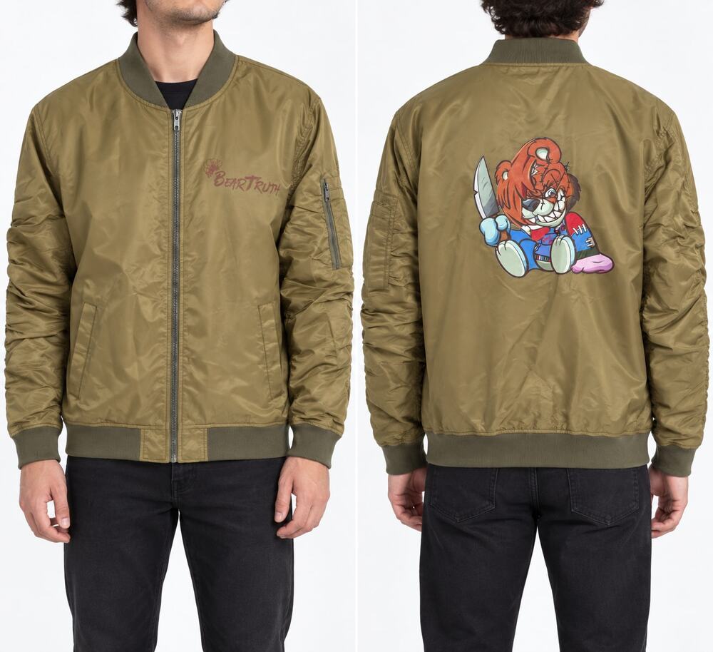 Elwood Men's Bear Truth Graphic Bomber Jacket Khaki Nylon Size L Streetwear